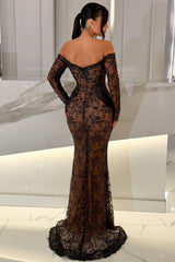 Black Lace Mermaid Prom Dress with Long Sleeves and Sheer Side Panels