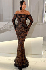 Black Lace Mermaid Prom Dress with Long Sleeves and Sheer Side Panels