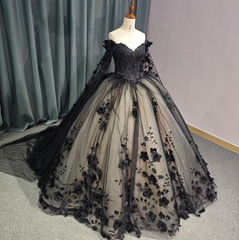 Black Long Sleeve Quinceanera Dress Ball Gown Off The Shoulder Sweet 16 Dress