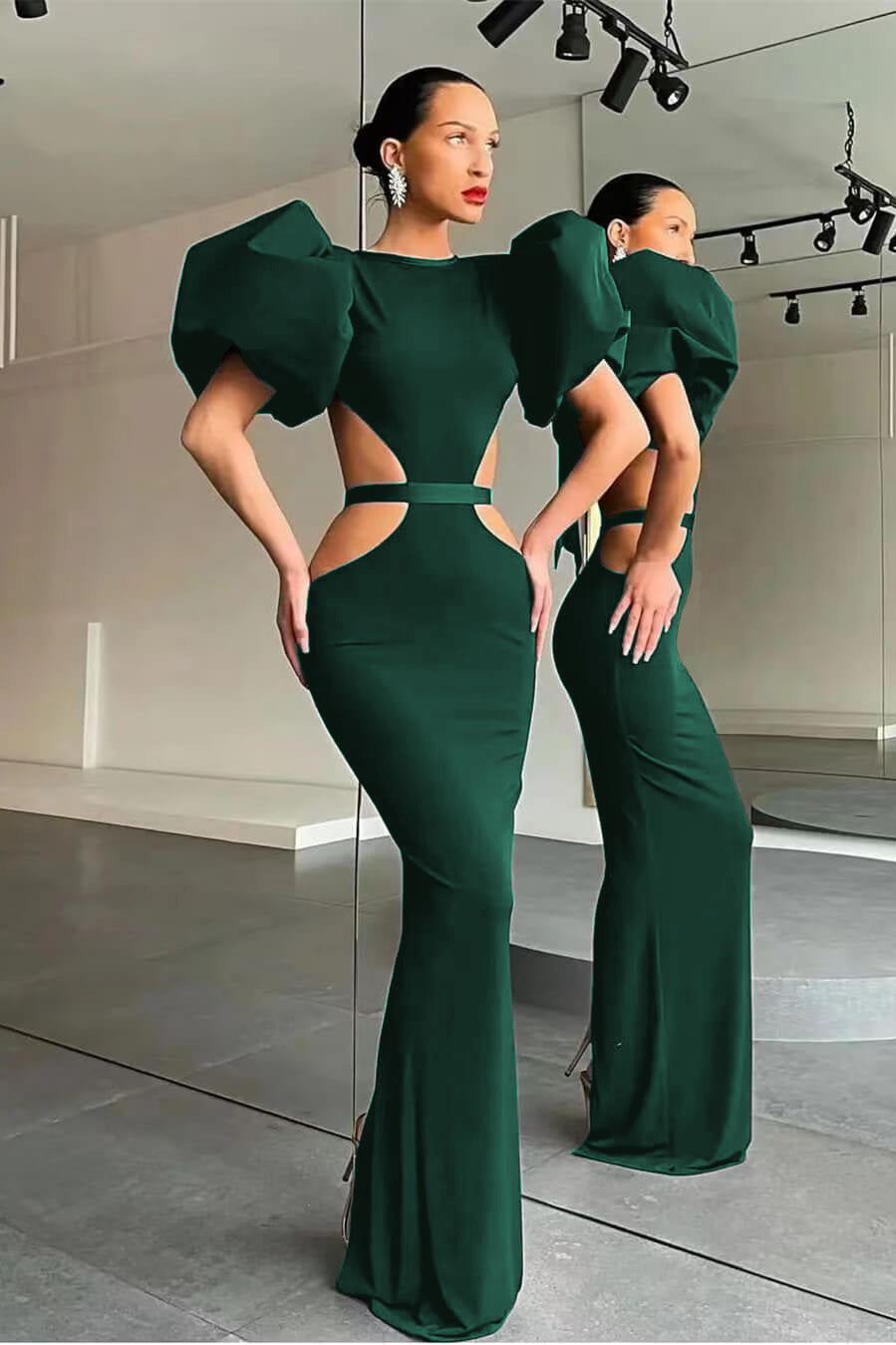 Black Mermaid Evening Dress Puff Sleeve Formal Dress