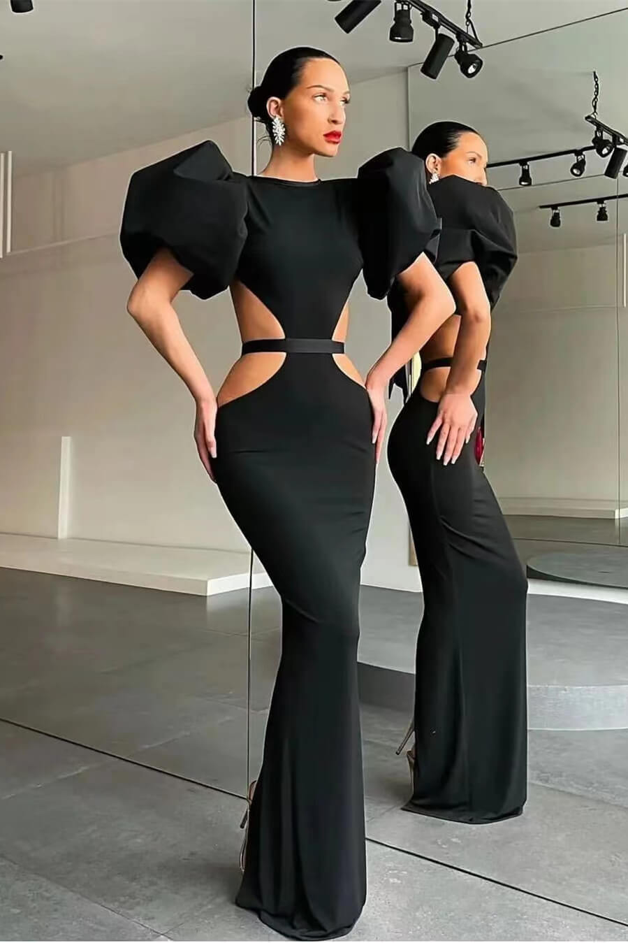 Black Mermaid Evening Dress Puff Sleeve Formal Dress
