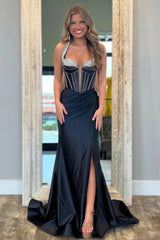 Black Mermaid Fit With Sweetheart Bodice Beaded Detail And Thigh Slit Prom Dress Formal Evening Gown