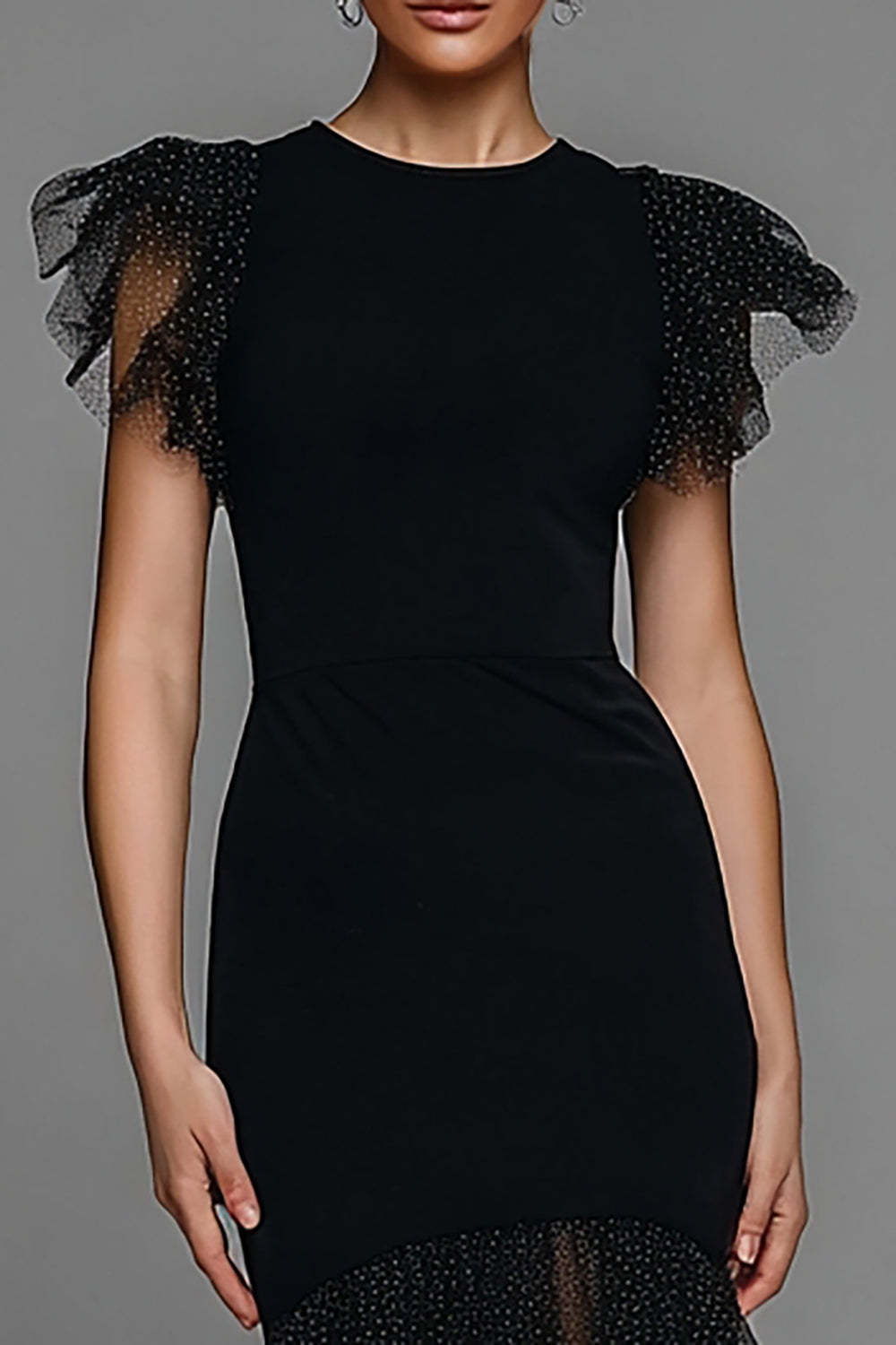 Black Mermaid Polka Dots Long Tulle Prom Dress With Ruffles