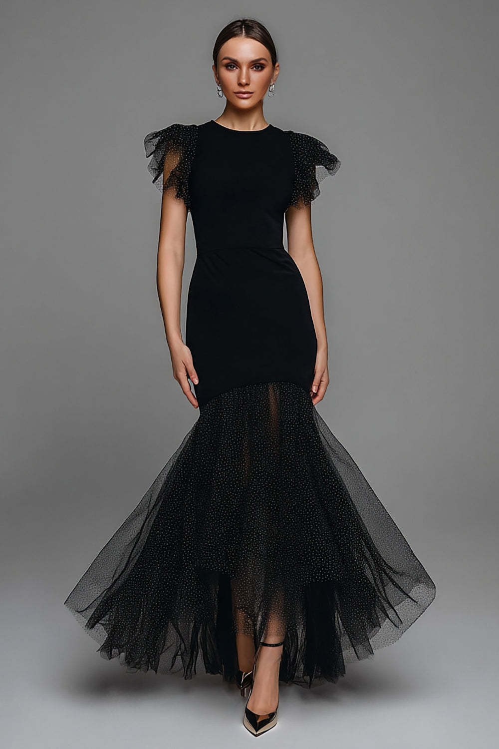 Black Mermaid Polka Dots Long Tulle Prom Dress With Ruffles
