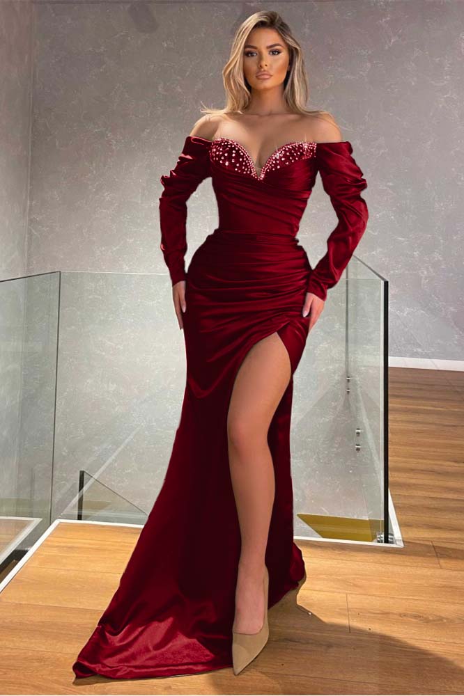 Black Mermaid Prom Dress Long Sleeve Off the Shoulder Beaded Evening Dress