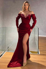 Black Mermaid Prom Dress Long Sleeve Off the Shoulder Beaded Evening Dress