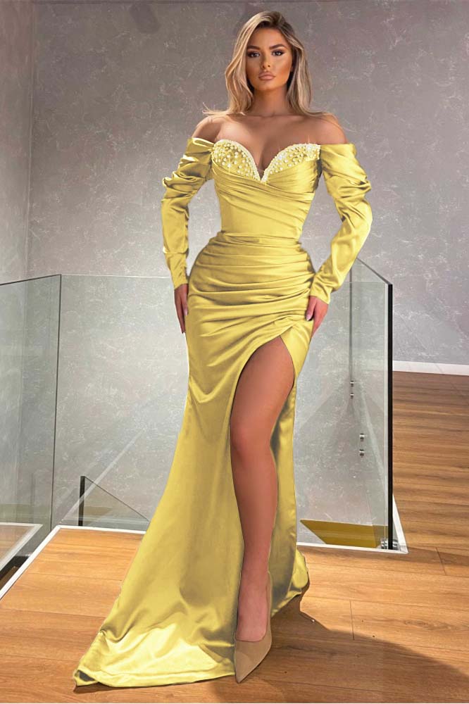 Black Mermaid Prom Dress Long Sleeve Off the Shoulder Beaded Evening Dress