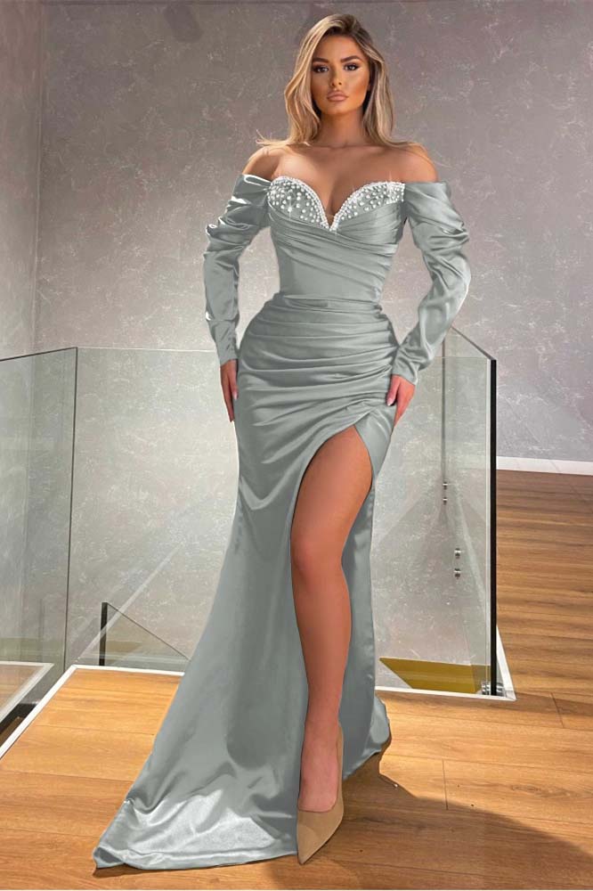 Black Mermaid Prom Dress Long Sleeve Off the Shoulder Beaded Evening Dress