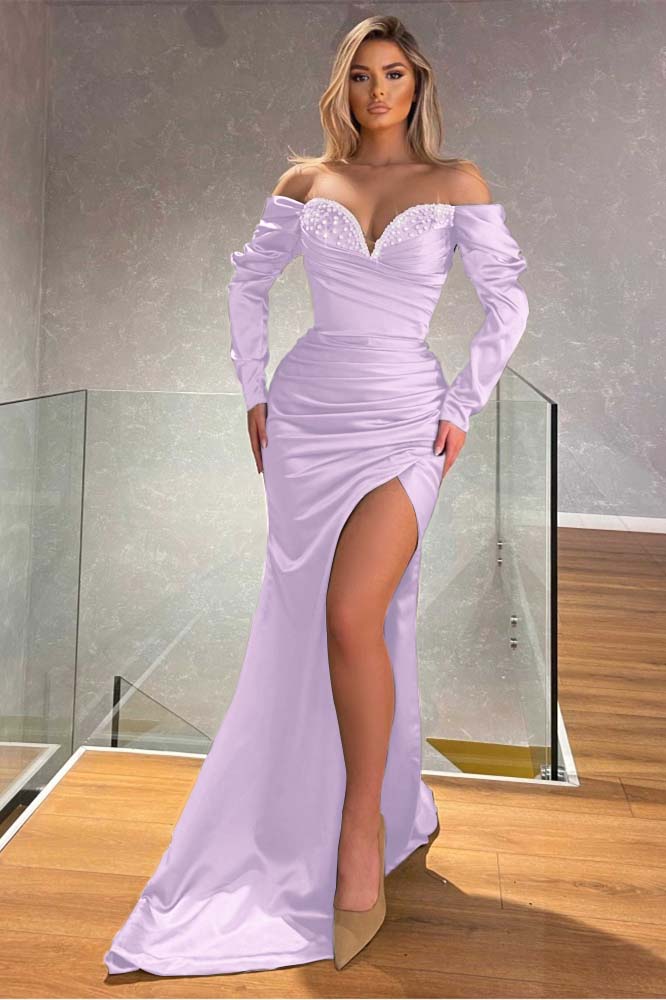 Black Mermaid Prom Dress Long Sleeve Off the Shoulder Beaded Evening Dress