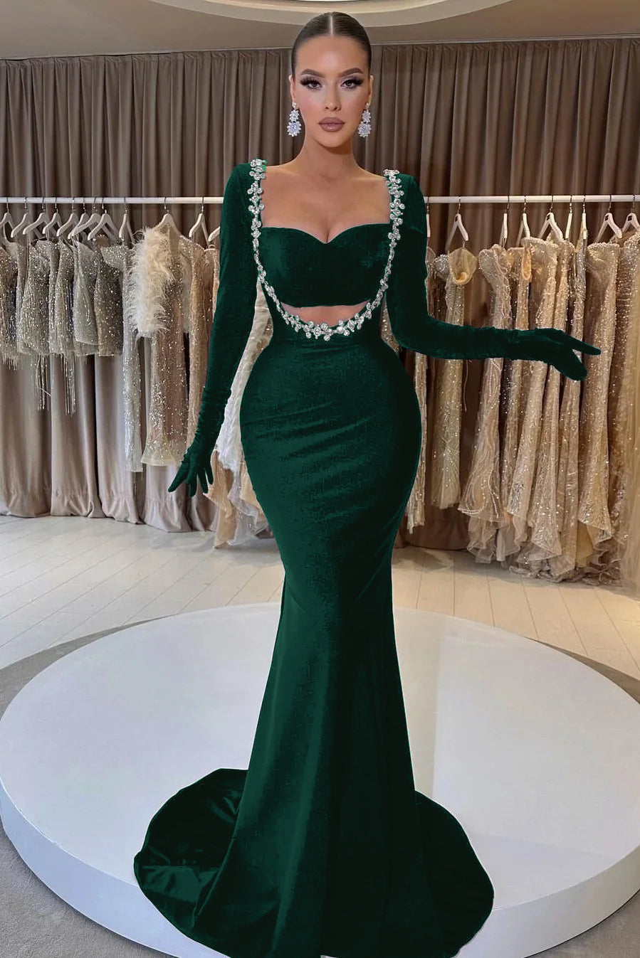 Black Mermaid Prom Dress Long Sleeve Sweetheart Beaded Evening Dress
