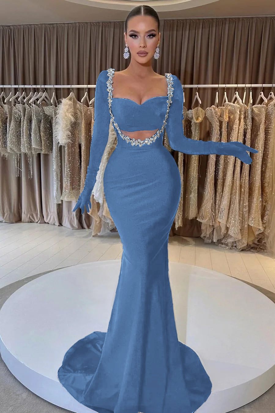 Black Mermaid Prom Dress Long Sleeve Sweetheart Beaded Evening Dress