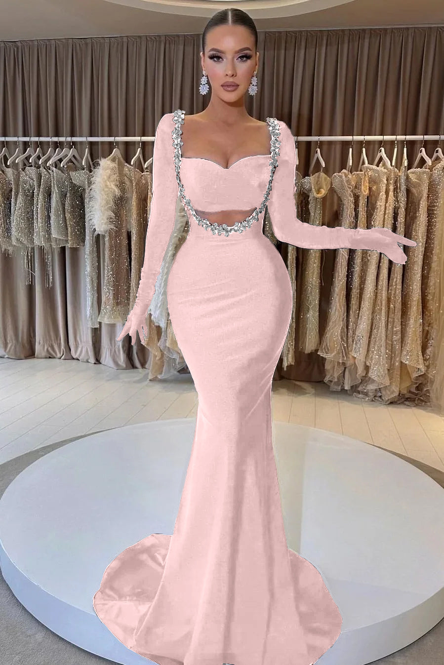 Black Mermaid Prom Dress Long Sleeve Sweetheart Beaded Evening Dress