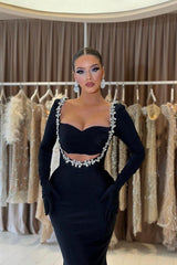 Black Mermaid Prom Dress Long Sleeve Sweetheart Beaded Evening Dress