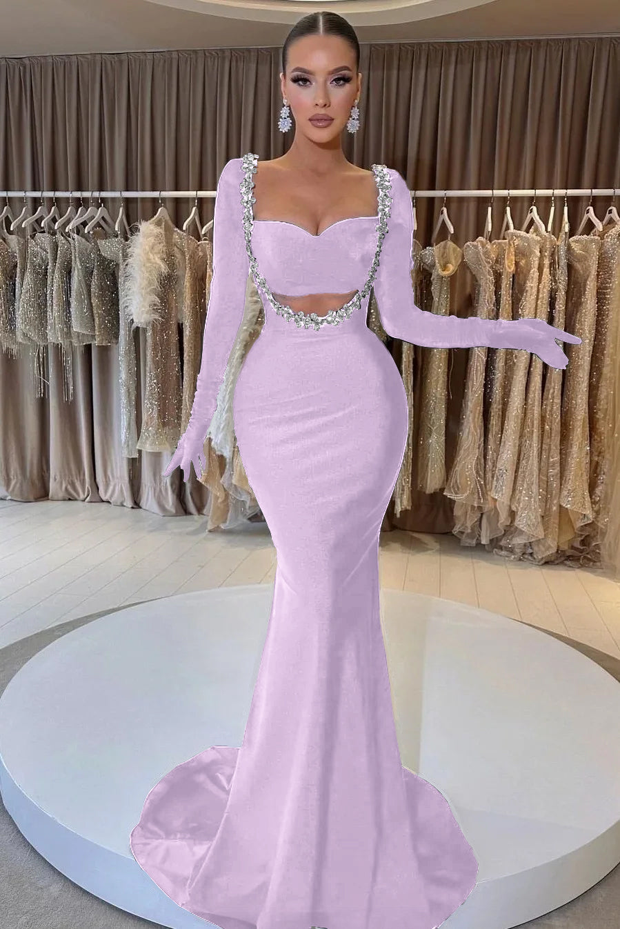 Black Mermaid Prom Dress Long Sleeve Sweetheart Beaded Evening Dress
