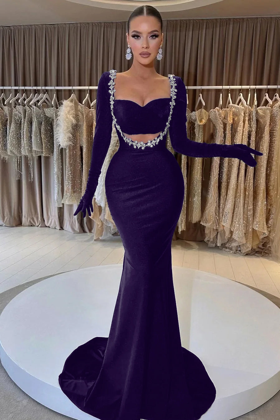 Black Mermaid Prom Dress Long Sleeve Sweetheart Beaded Evening Dress