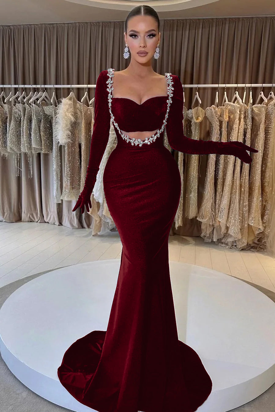 Black Mermaid Prom Dress Long Sleeve Sweetheart Beaded Evening Dress