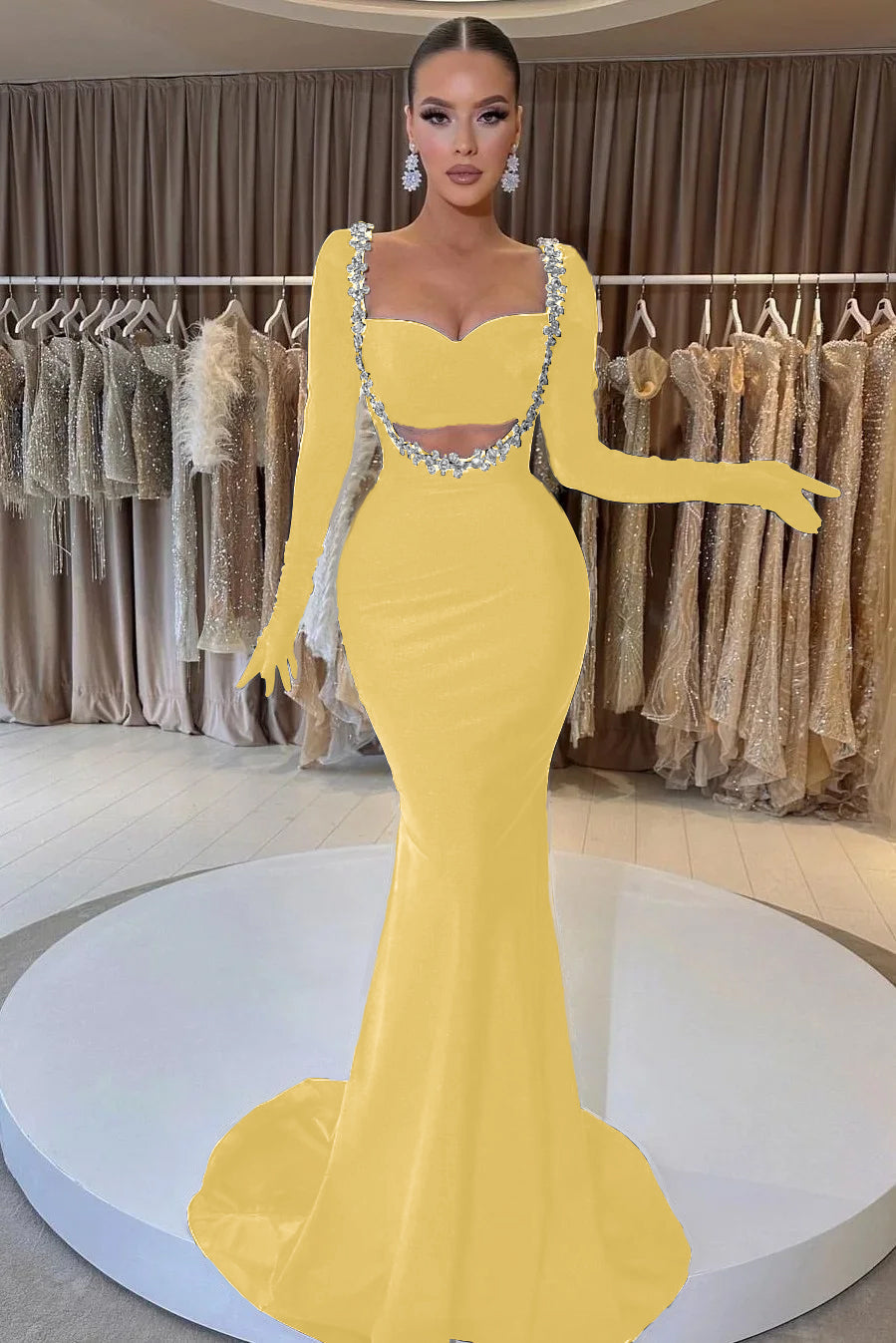 Black Mermaid Prom Dress Long Sleeve Sweetheart Beaded Evening Dress