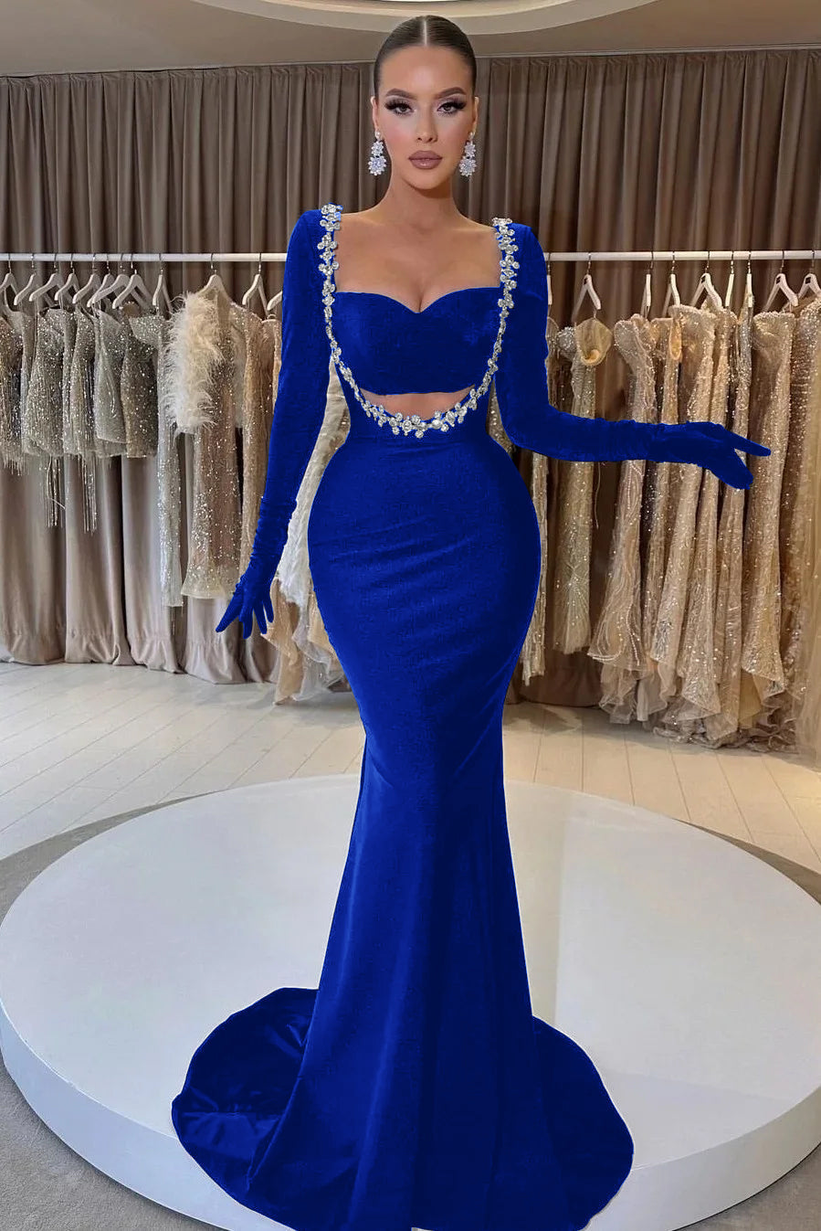 Black Mermaid Prom Dress Long Sleeve Sweetheart Beaded Evening Dress