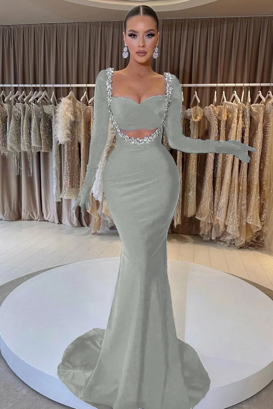 Black Mermaid Prom Dress Long Sleeve Sweetheart Beaded Evening Dress