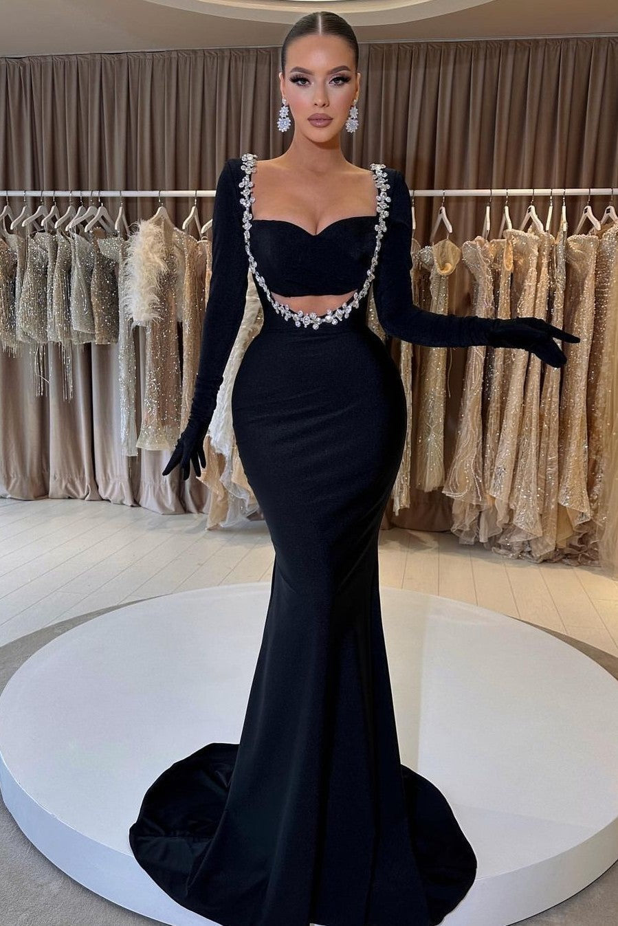 Black Mermaid Prom Dress Long Sleeve Sweetheart Beaded Evening Dress