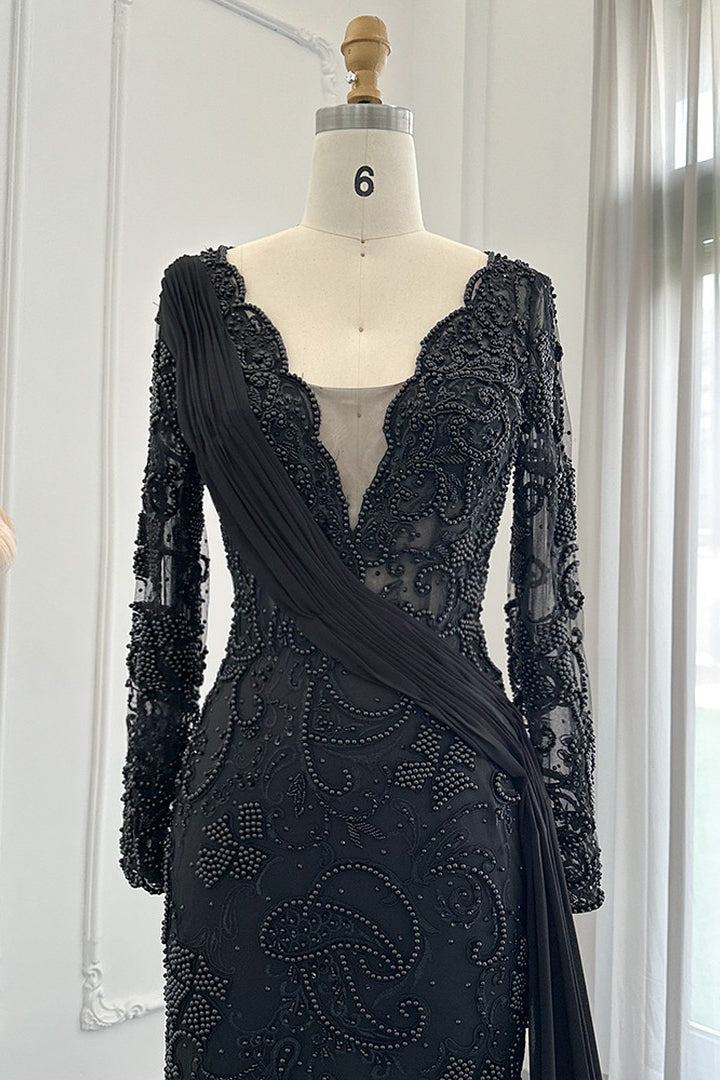 Black Mermaid Prom Dress Long Sleeve V Neck Evening Dress With Lace Appliques