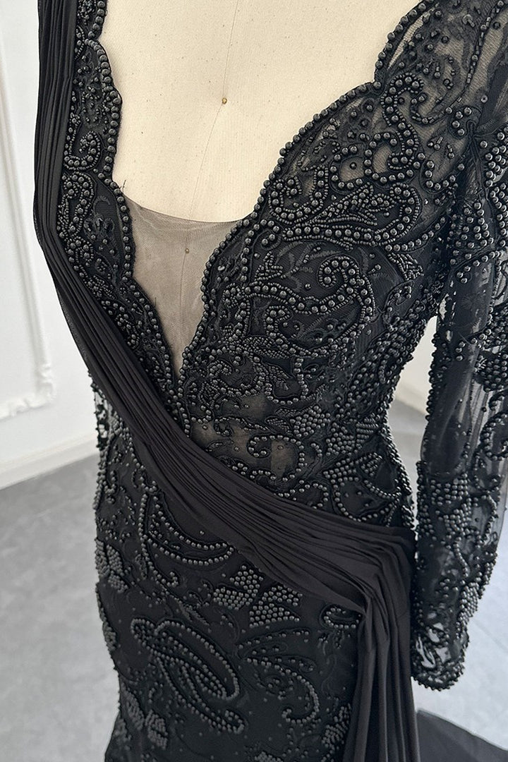 Black Mermaid Prom Dress Long Sleeve V Neck Evening Dress With Lace Appliques