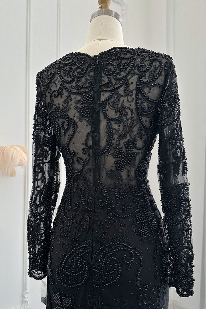 Black Mermaid Prom Dress Long Sleeve V Neck Evening Dress With Lace Appliques