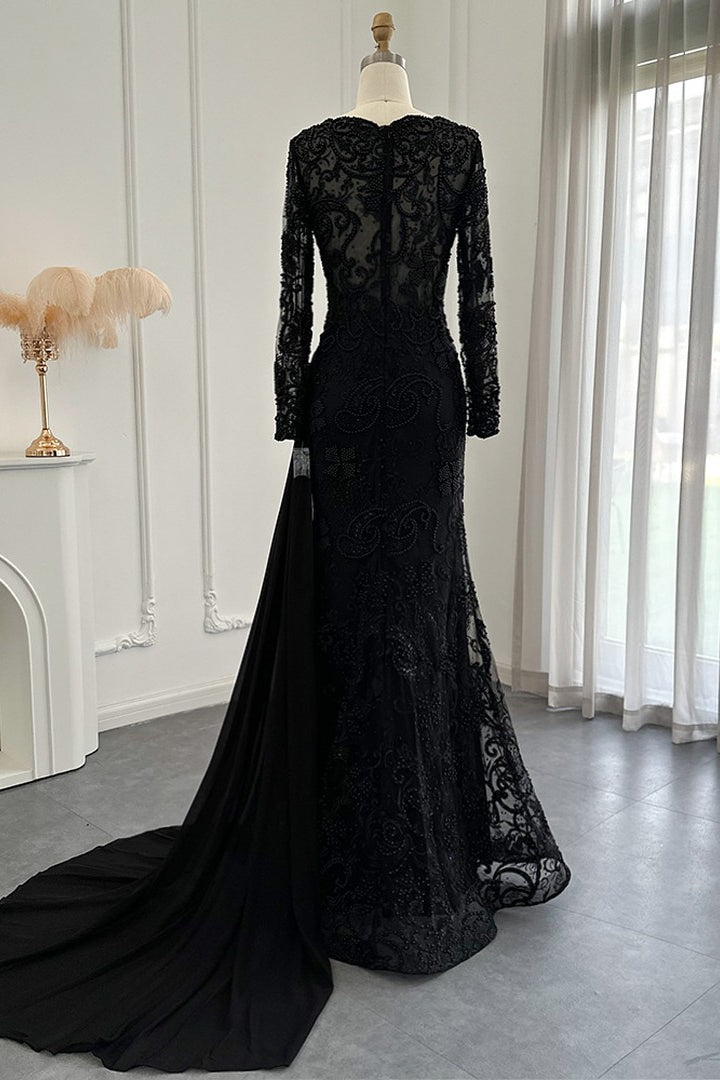 Black Mermaid Prom Dress Long Sleeve V Neck Evening Dress With Lace Appliques