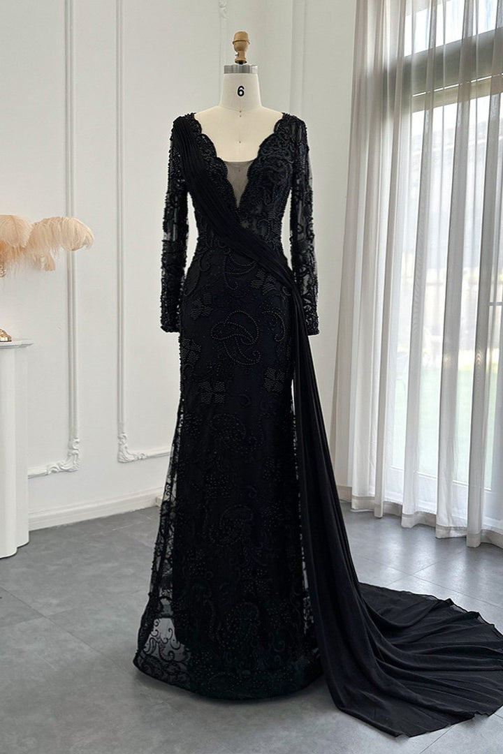 Black Mermaid Prom Dress Long Sleeve V Neck Evening Dress With Lace Appliques
