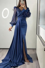 Black Mermaid Prom Dress Long Sleeve V Neck Satin Sequined Evening Dress