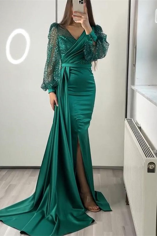 Black Mermaid Prom Dress Long Sleeve V Neck Satin Sequined Evening Dress