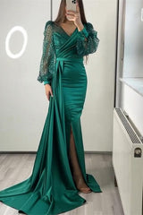 Black Mermaid Prom Dress Long Sleeve V Neck Satin Sequined Evening Dress