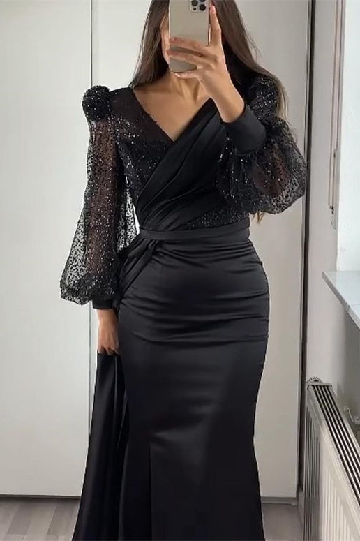 Black Mermaid Prom Dress Long Sleeve V Neck Satin Sequined Evening Dress