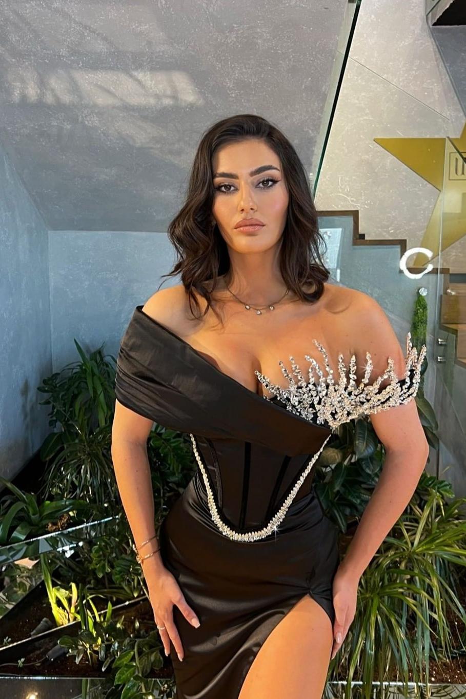 Black Mermaid Prom Dress Off the Shoulder Beaded Evening Dress