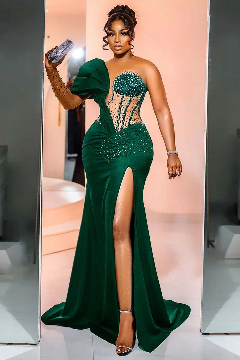 Black Mermaid Prom Dress One Shoulder Beaded Evening Dress