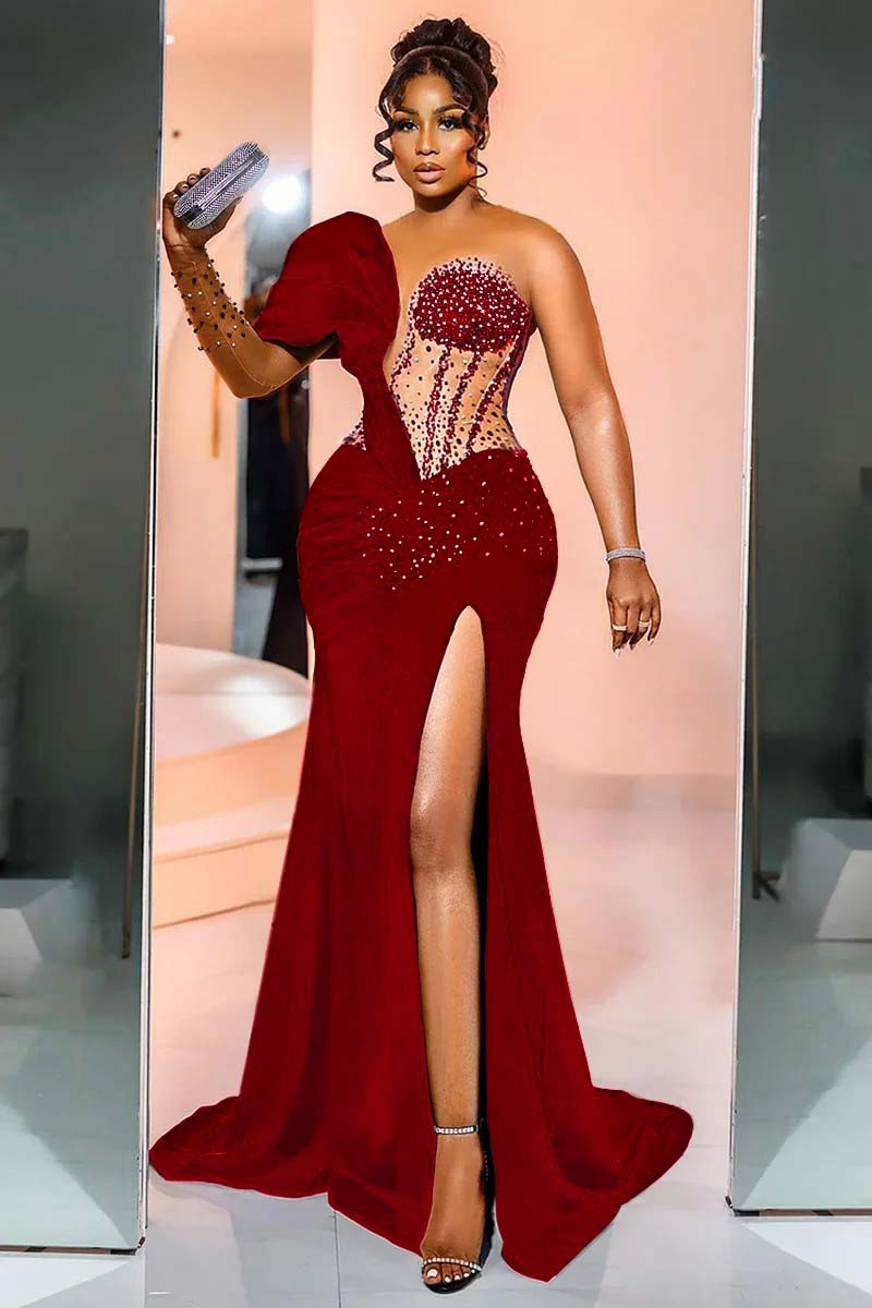 Black Mermaid Prom Dress One Shoulder Beaded Evening Dress