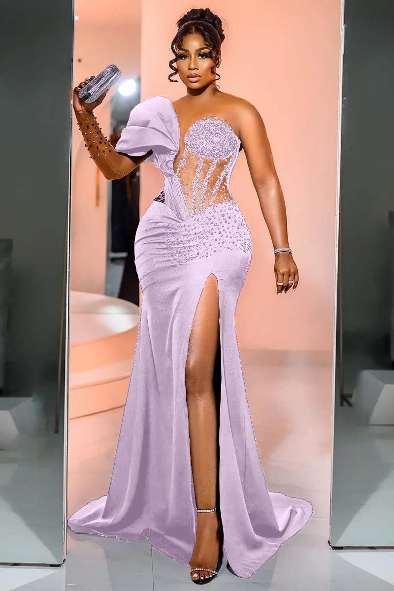 Black Mermaid Prom Dress One Shoulder Beaded Evening Dress