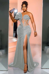 Black Mermaid Prom Dress One Shoulder Beaded Evening Dress