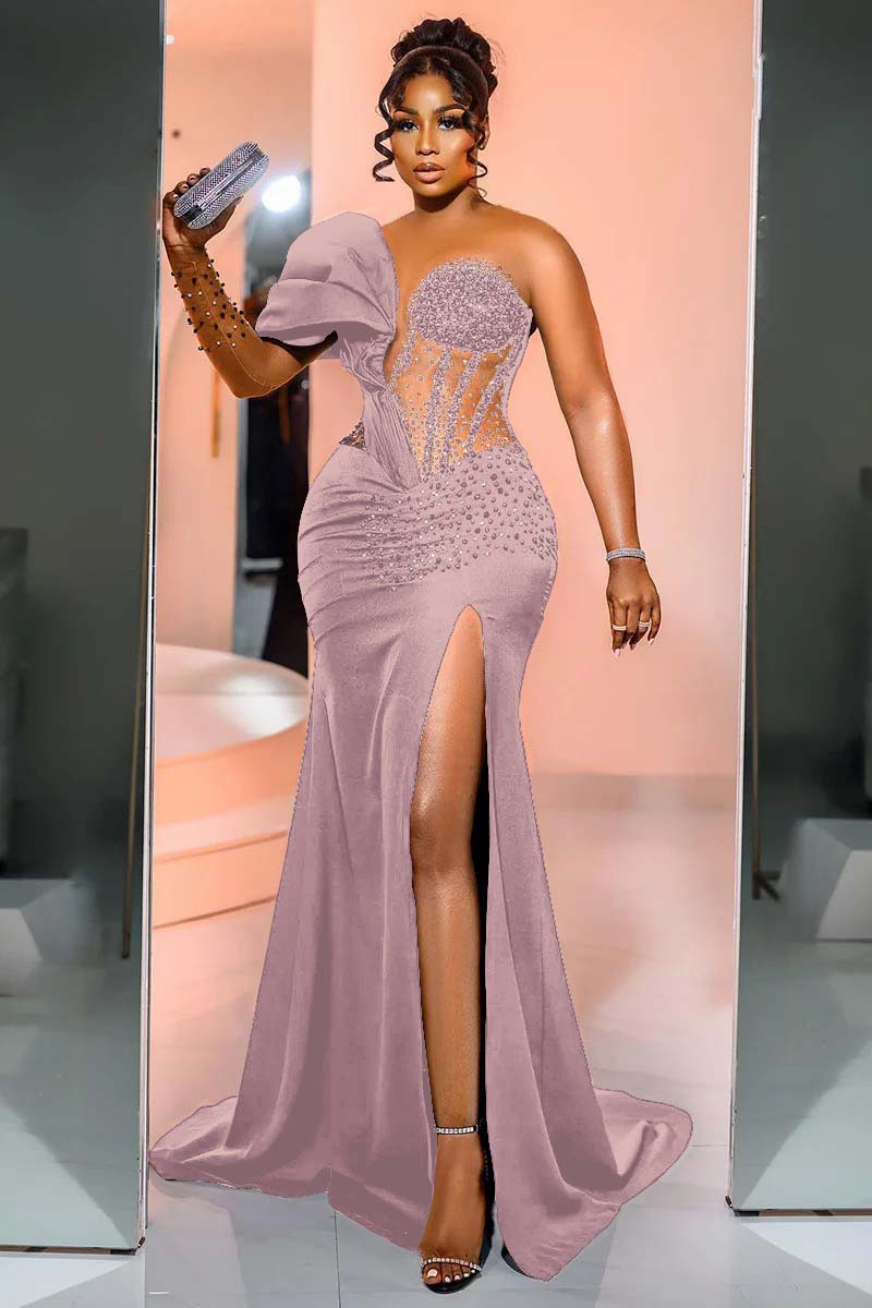 Black Mermaid Prom Dress One Shoulder Beaded Evening Dress