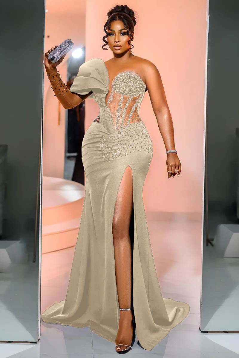 Black Mermaid Prom Dress One Shoulder Beaded Evening Dress