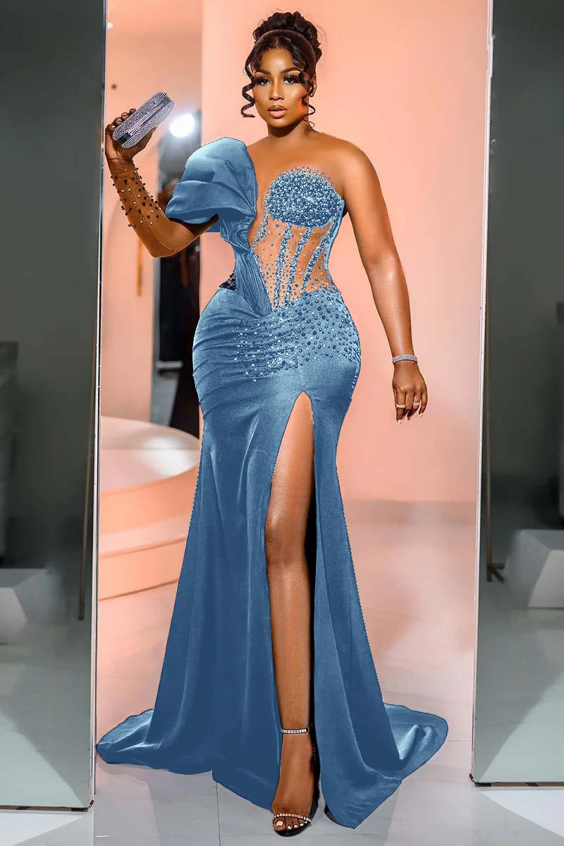 Black Mermaid Prom Dress One Shoulder Beaded Evening Dress