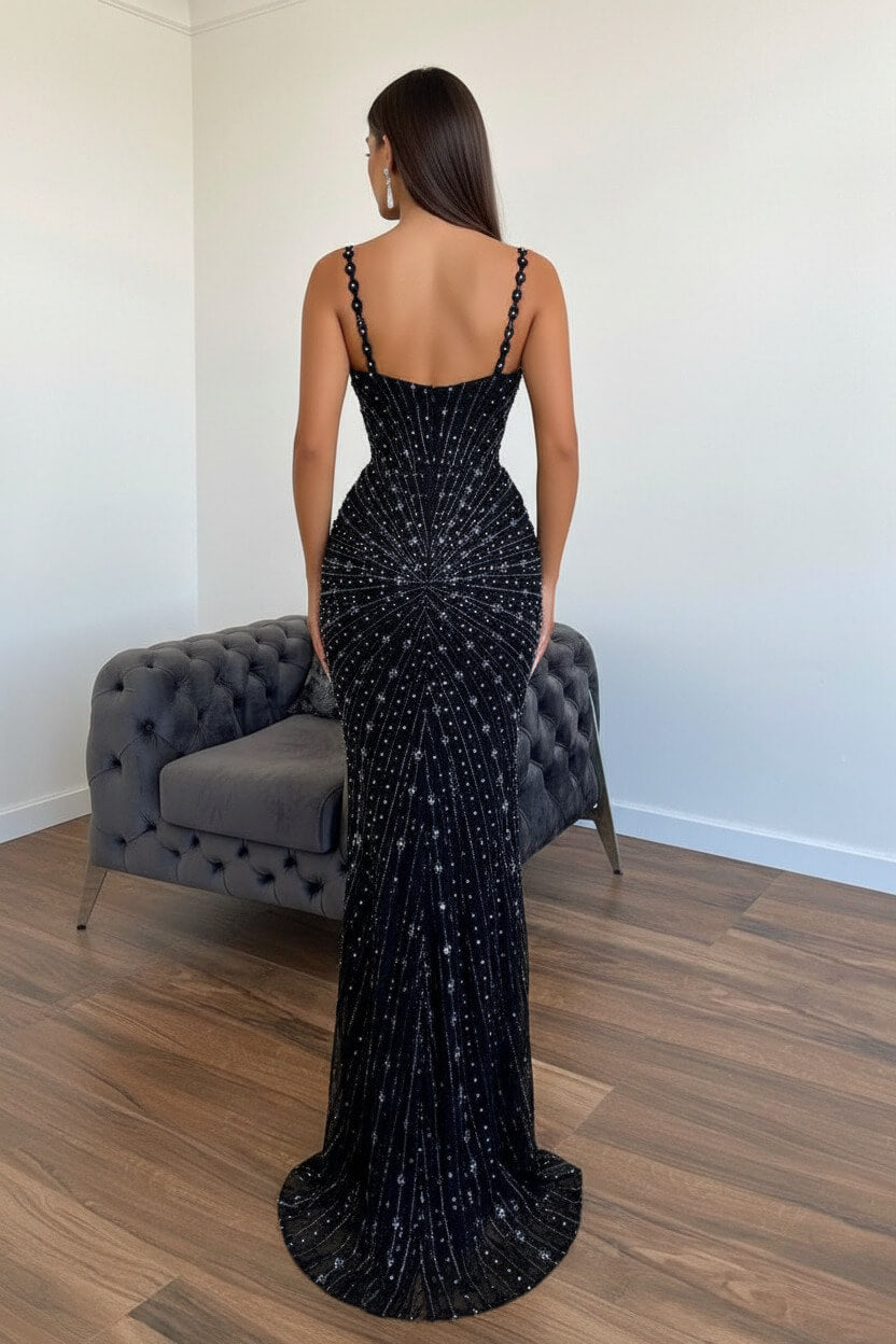 Black Mermaid Prom Dress Sleeveless Beaded Spaghetti Straps Evening Dress
