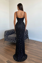 Black Mermaid Prom Dress Sleeveless Beaded Spaghetti Straps Evening Dress