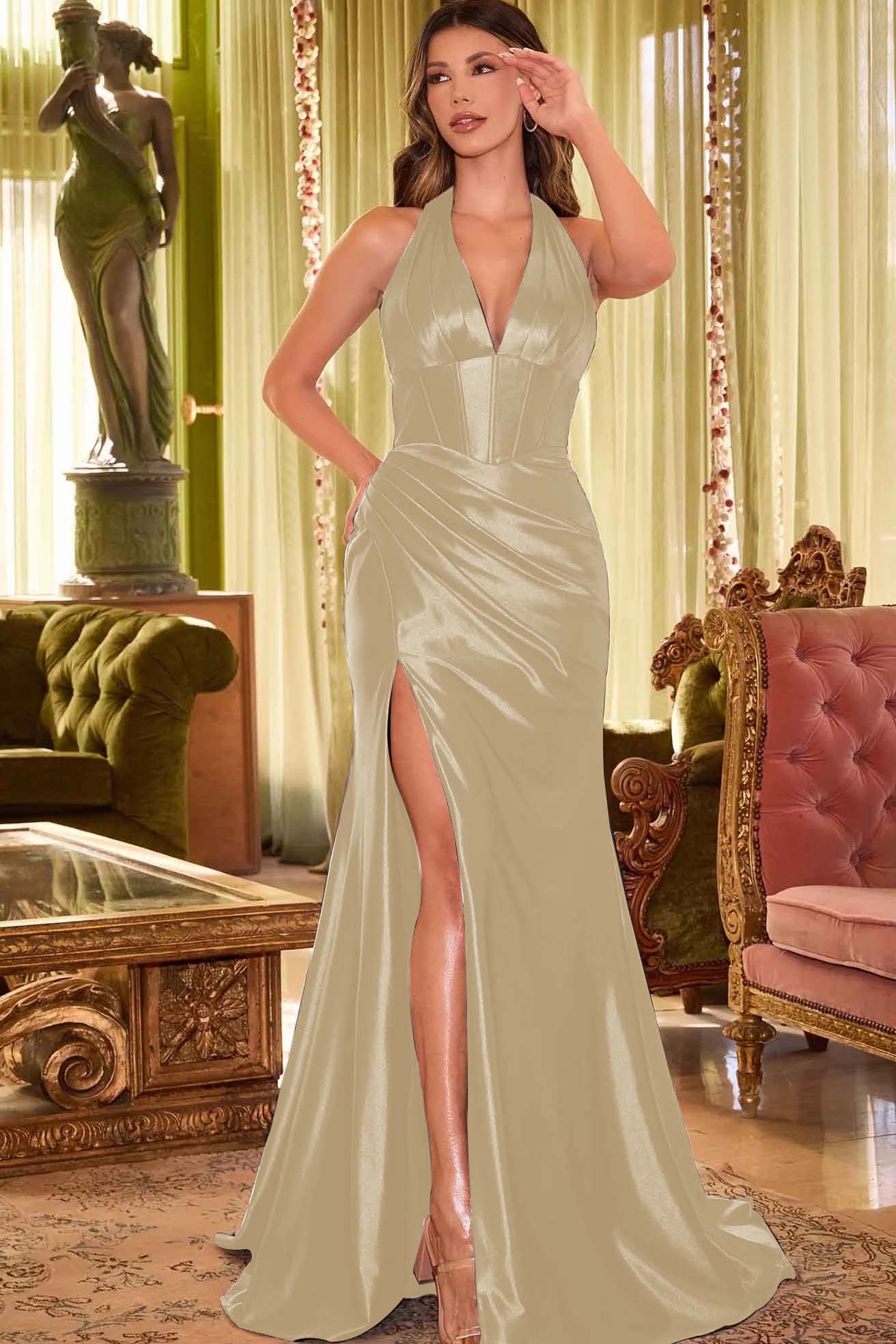 Black Mermaid Prom Dress Sleeveless Halter Neck Satin Evening Dress