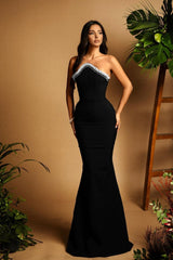 Black Mermaid Prom Dress Sleeveless Strapless Beaded Evening Dress