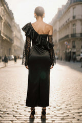 Black One Shoulder Satin Ruffled Long Evening Dress With Lace