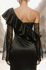 Black One Shoulder Satin Ruffled Long Evening Dress With Lace