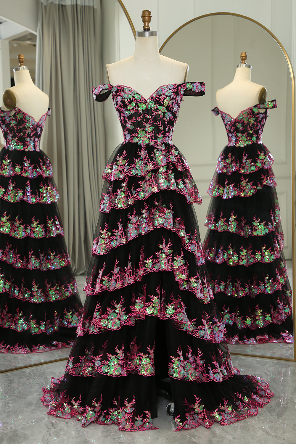 Black Pink Prom Dress A Line Tiered Long Evening Dress With Lace