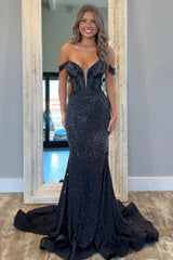 Black Plunging V-Neck Sheer Illusion Sparkle Mermaid Prom Dress Formal Evening Gown