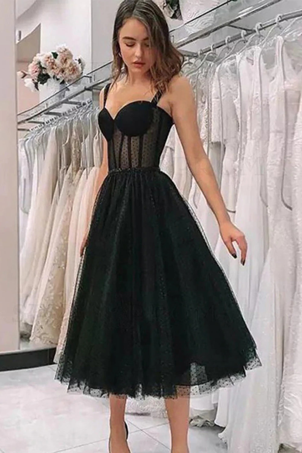 Black Polka Dots A Line Graduation Dress
